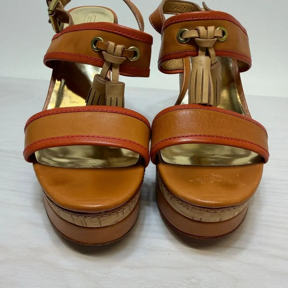 COACH Light Tan/ Bright C‎ Guileietta Cork Wedge Sandals Womens Size 9B